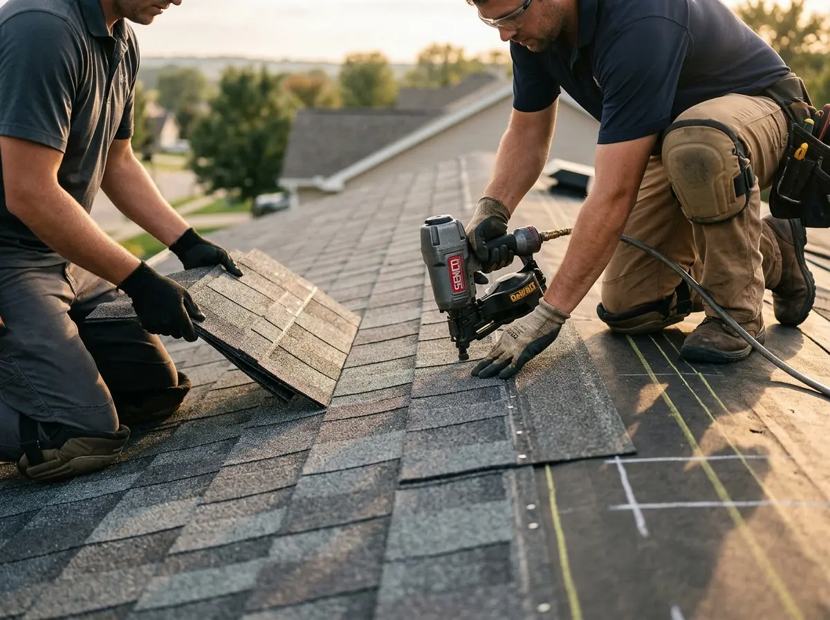 Professional roofer working on a residential roof in Cheektowaga